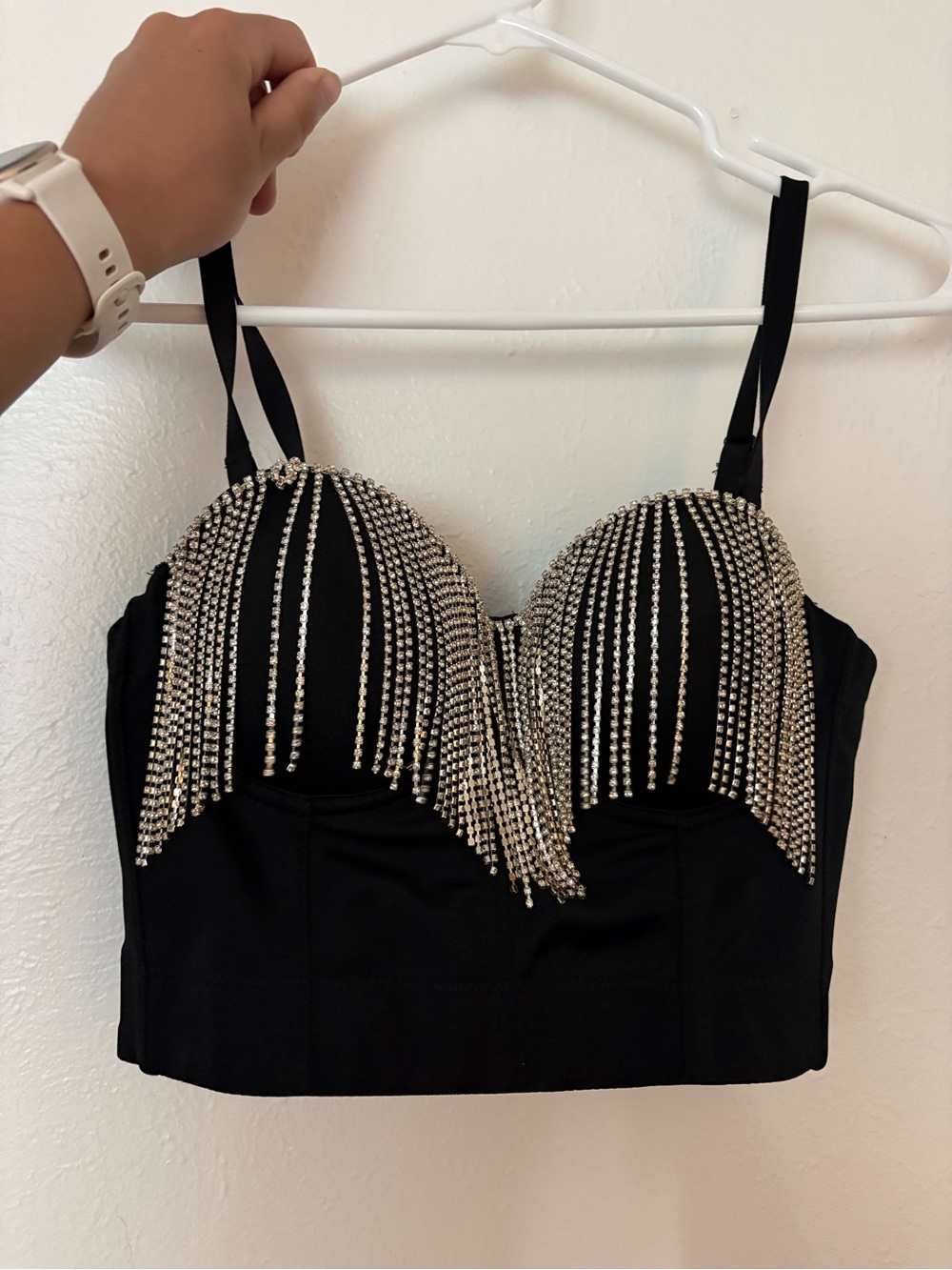 Black Rhinestone Fringe Bustier Top - Women's Statement Crop